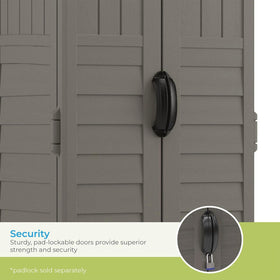 Suncast compact footprint image highlights 22 cu ft capacity