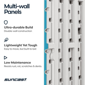 Suncast cushions and tools stored securely in a tight footprint.