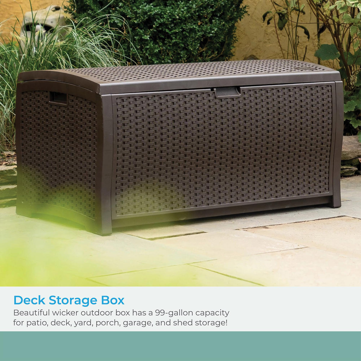 Suncast DBW9200 99-gallon capacity shown as ample storage.
