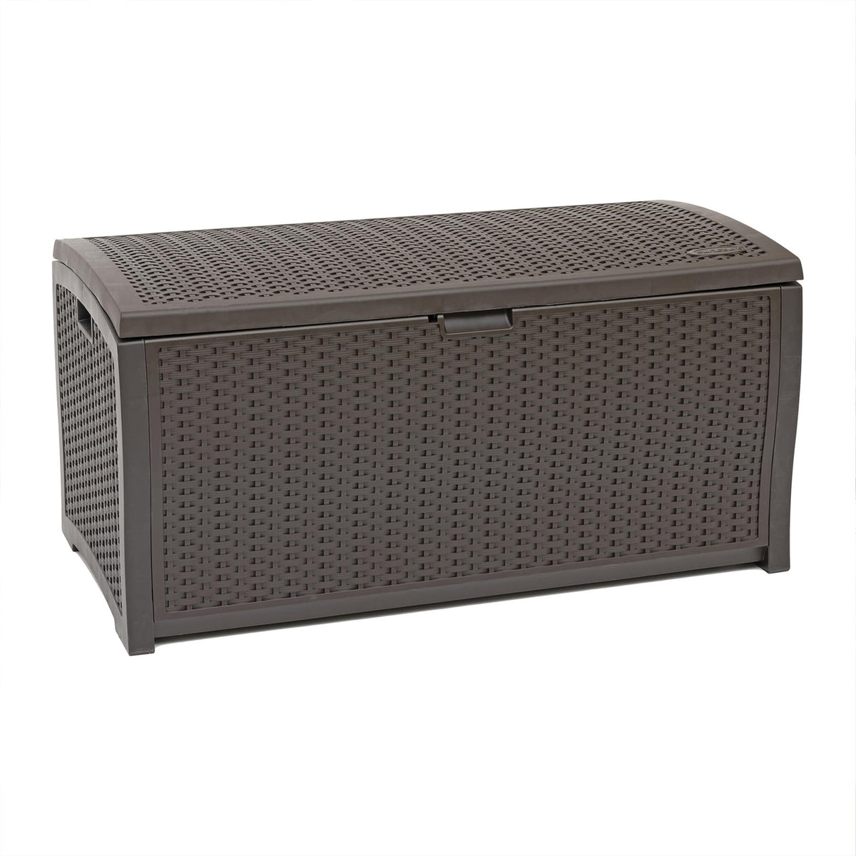 Suncast DBW9200 exterior wicker deck box for durable outdoor storage.