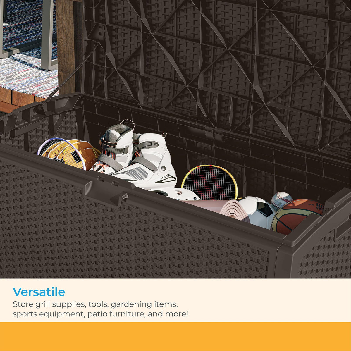 Suncast DBW9200 on-deck usage stores cushions and tools.