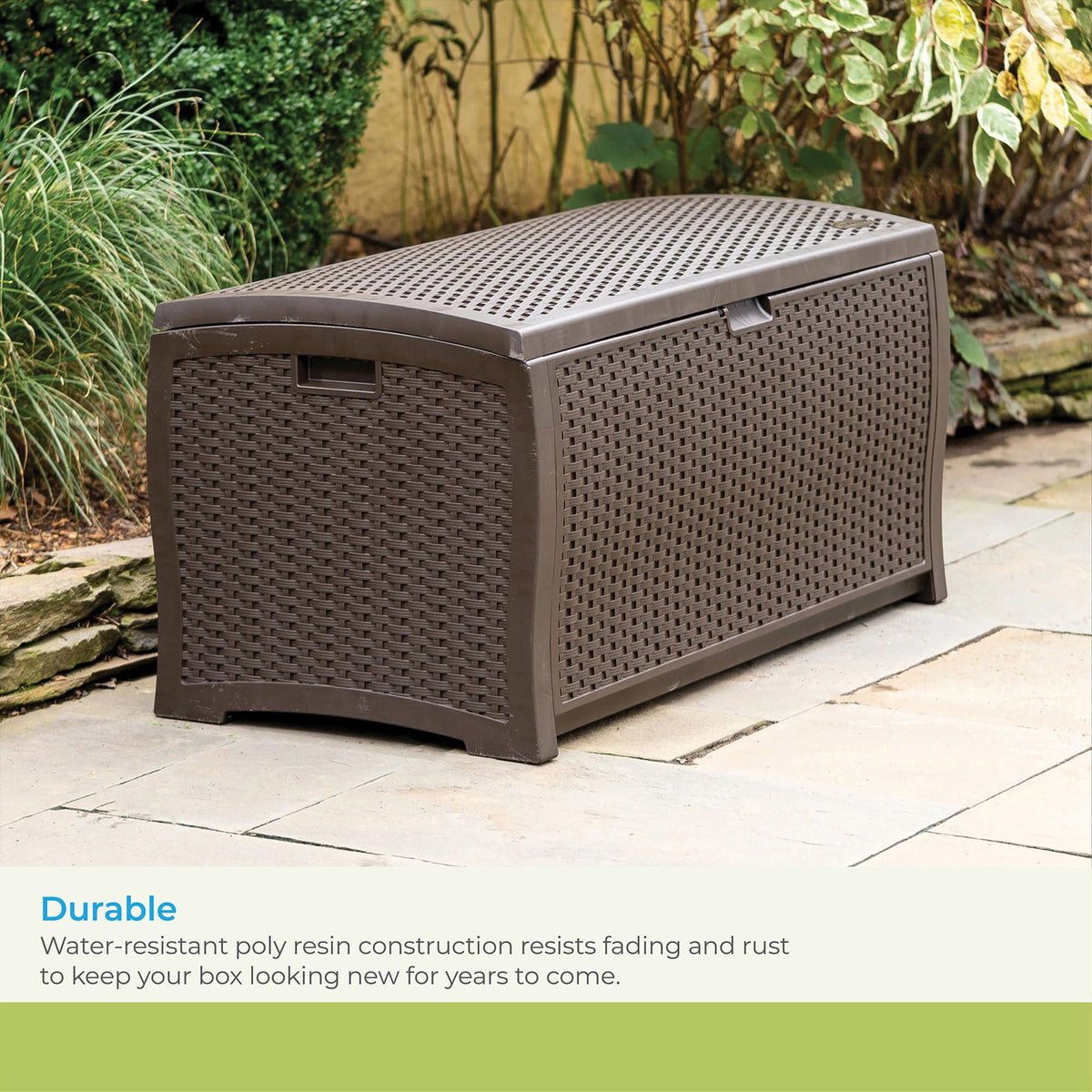 Suncast DBW9200 waterproof resin resists fading and rain.