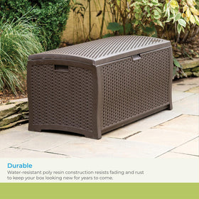 Suncast DBW9200 waterproof resin resists fading and rain.