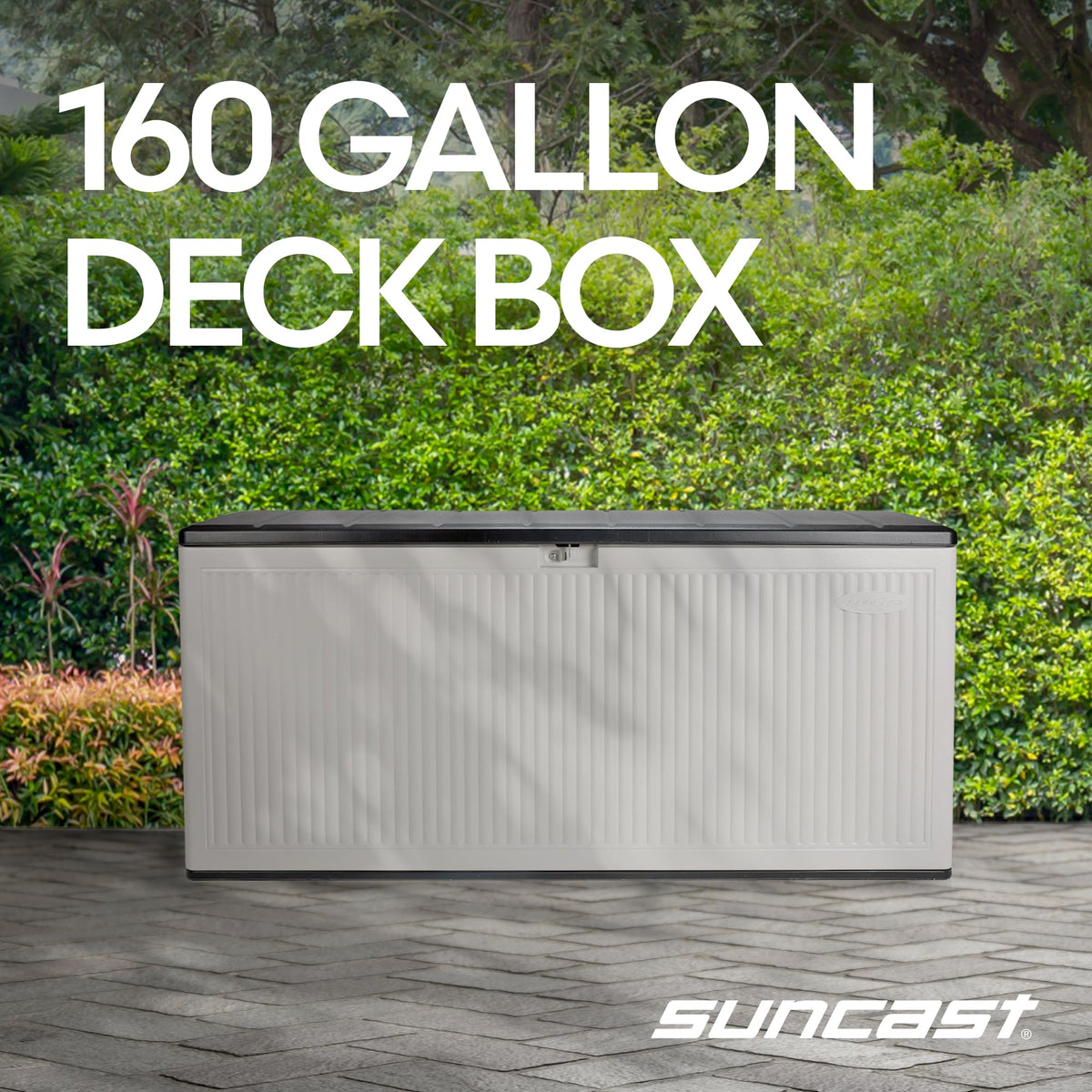 Suncast deck box with multi-wall construction for extra outdoor durability.