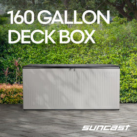 Suncast deck box with multi-wall construction for extra outdoor durability.