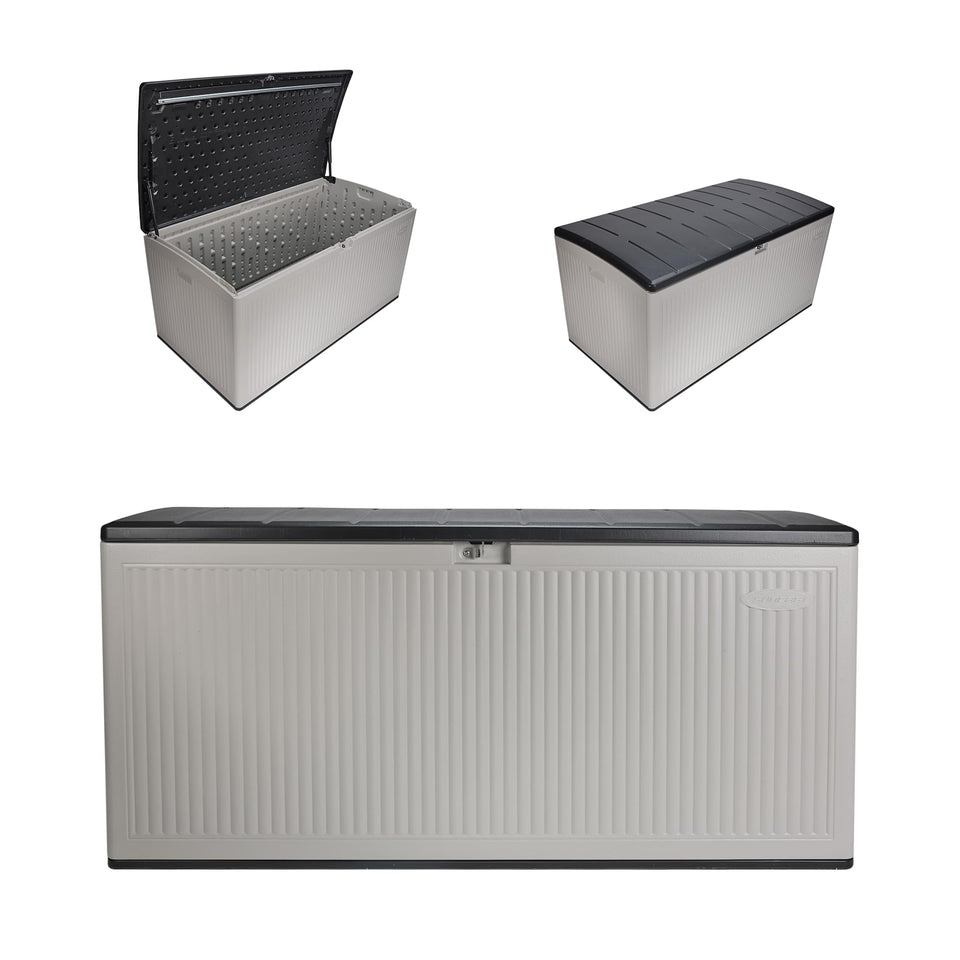 Suncast deck box 160gal with soft-close lid for quiet, secure cushion storage.