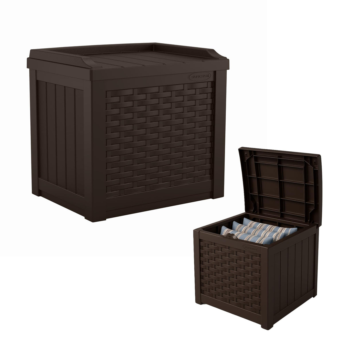 Suncast 22-gallon Java resin deck box with lid open for cushion storage