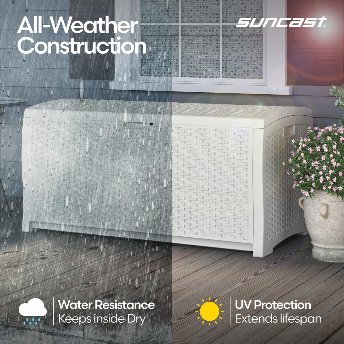 Suncast deck box with dimension badge showing 25.5 inches by 50 inches