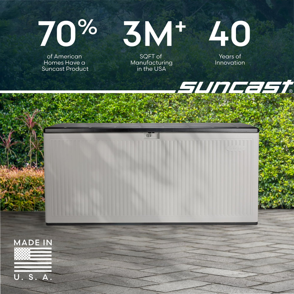 Suncast pad-lockable lid enhances security for stored items.