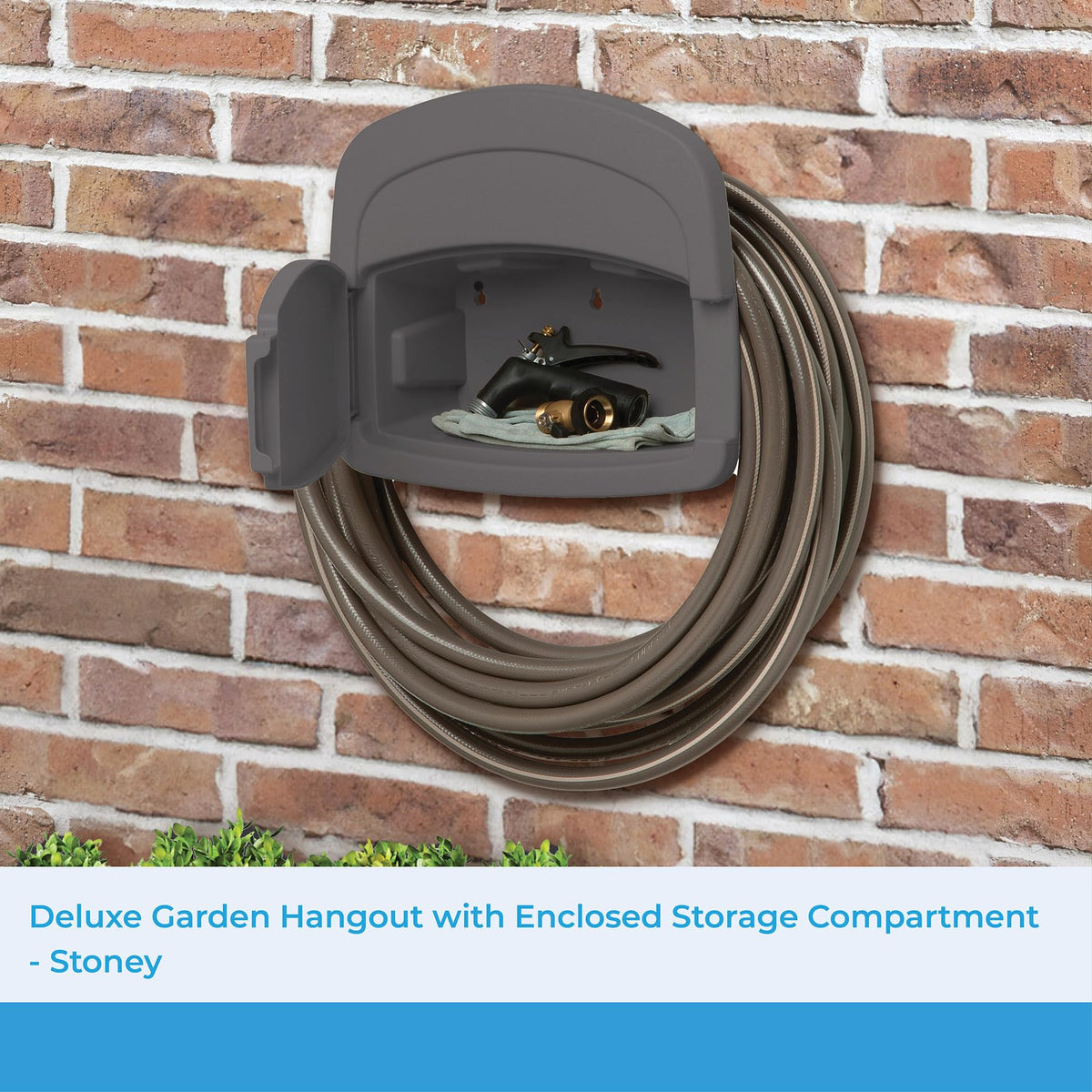Suncast DHH150ST mounted on wall for easy access to hose.