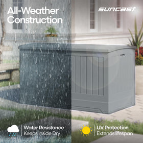 Suncast dove gray finish deck box complements patios while providing durable storage.