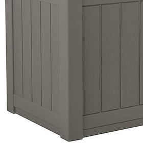 Suncast durable deck box with interlocking panels and tool-free assembly.