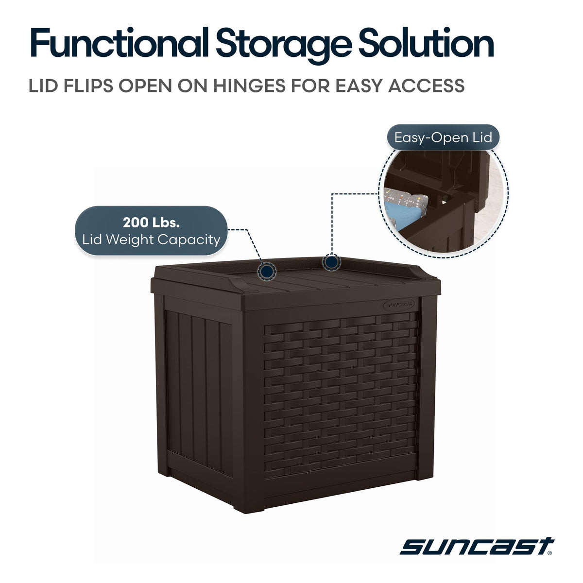 Suncast brown deck box blends with wicker-style patio furniture