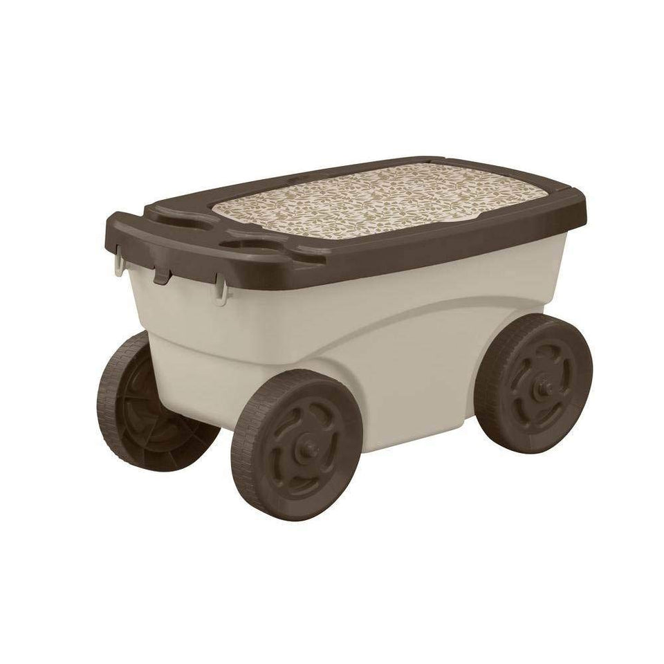 Suncast Garden Scooter's 4-wheel design glides over dirt for easy outdoor transport.