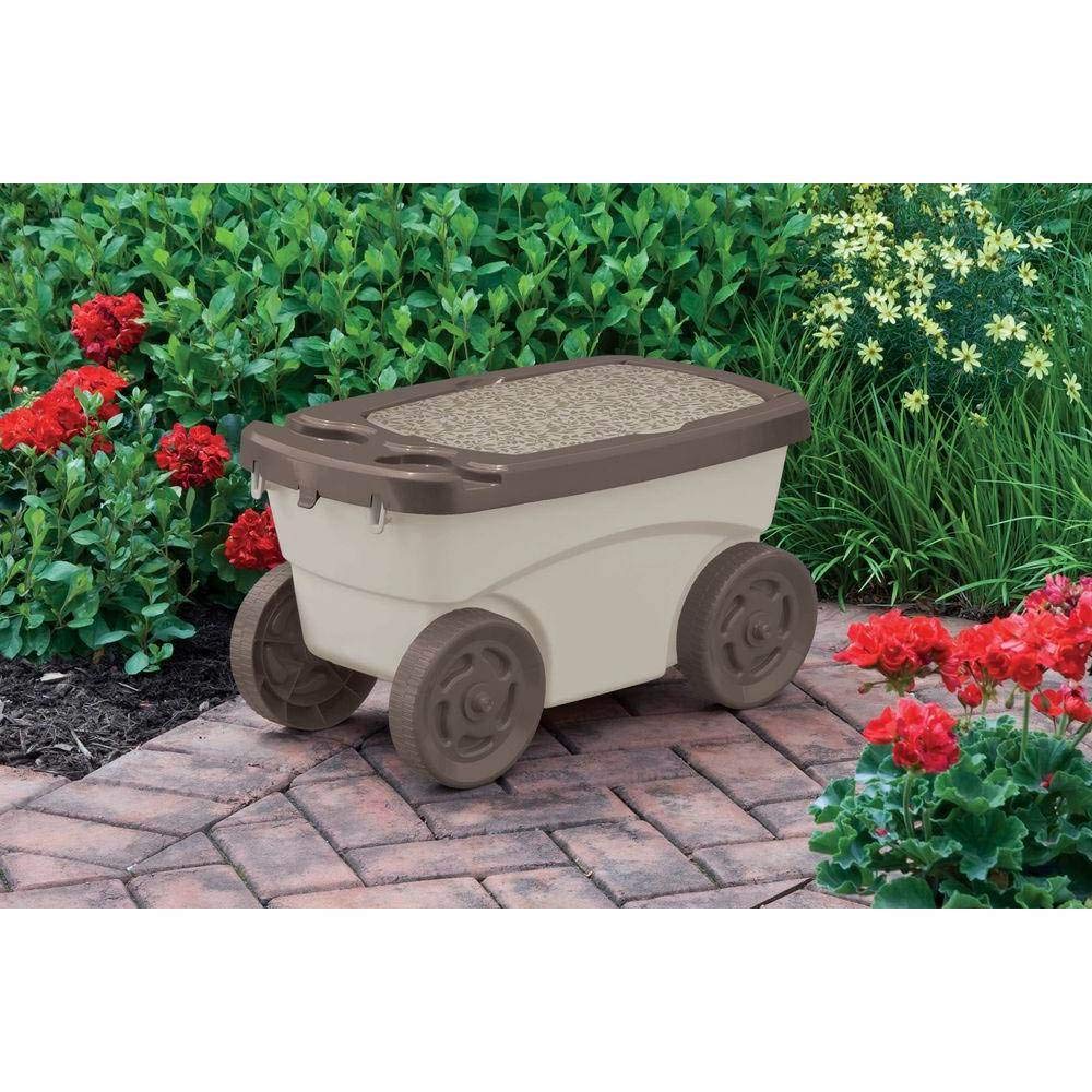 Suncast Garden Scooter cushioned seat doubles as kneeling pad for comfort.