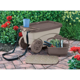 Suncast Garden Scooter stores tools with built-in bin and two drink holders.