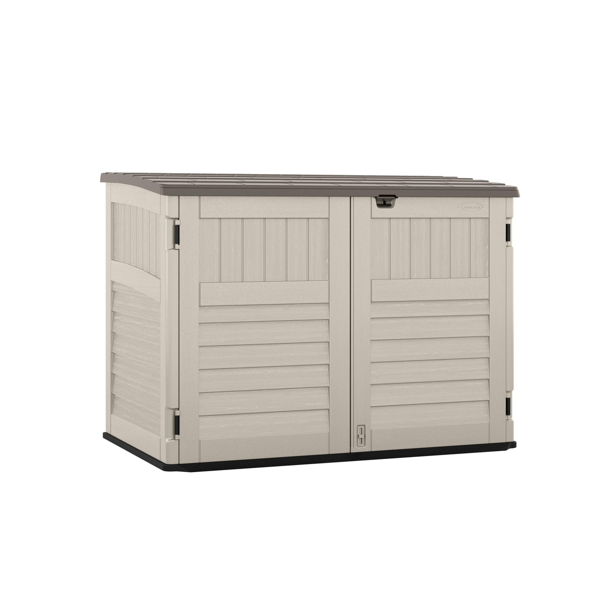 Suncast horizontal shed front view showing storage space for trash cans and yard gear