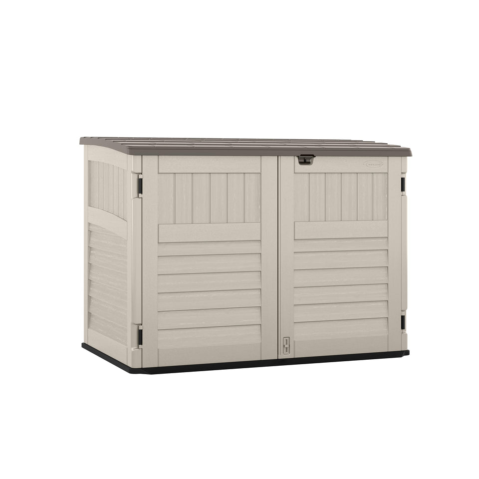 Suncast horizontal shed front view showing storage space for trash cans and yard gear