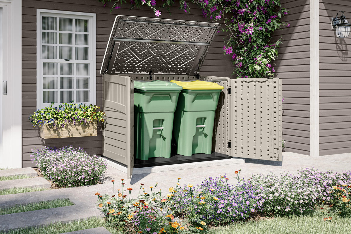 Interior of Suncast shed illustrating 70 cu ft capacity for bins and tools
