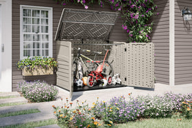 Suncast shed lid open with gas shocks for easy one-handed lifting