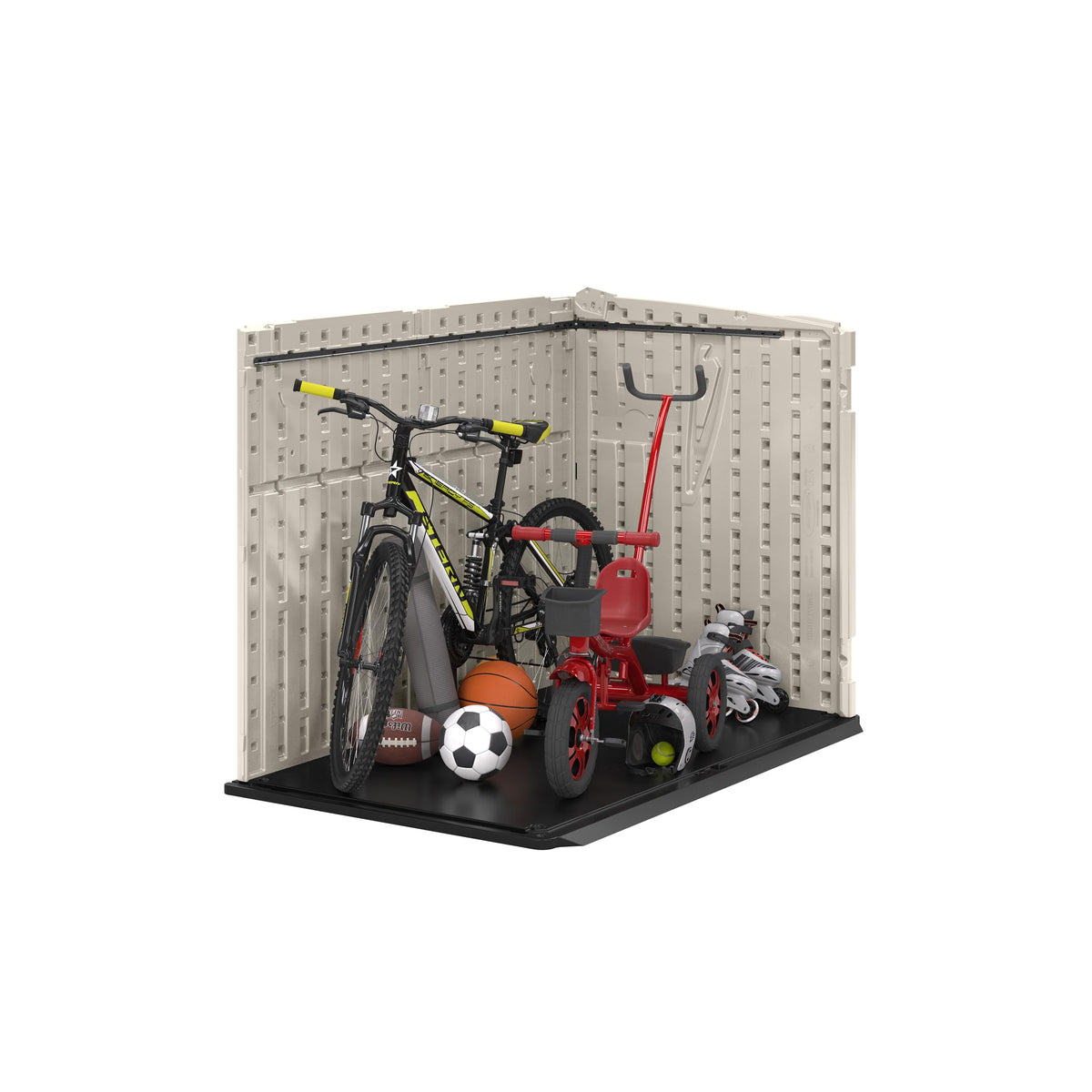 Reinforced floor in Suncast shed supporting heavy items like furniture and bikes