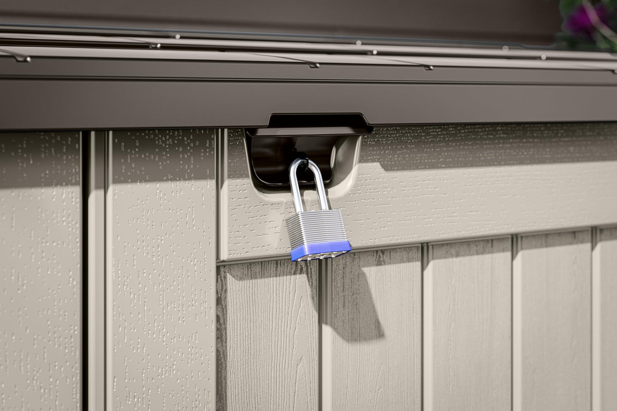 Close-up of Suncast soft-close hinge preventing lid slams