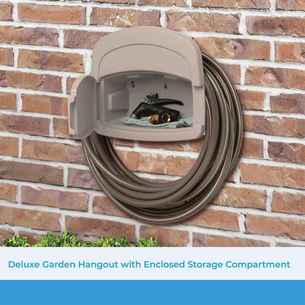 Suncast Hose Hangout enclosed storage keeps nozzles and tools organized outdoors.