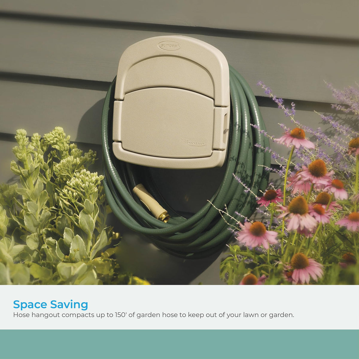 Suncast DHH150 mounting bracket shows a sturdy six-point installation.