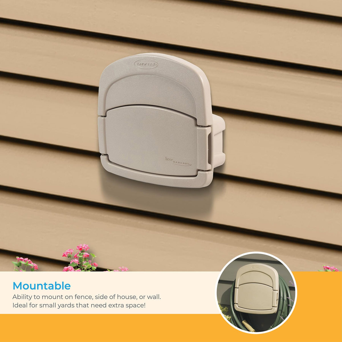 Suncast Hose Hangout textured beige finish blends with outdoor décor.