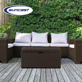 Suncast lockable lid keeps contents secure when stored outside near deck.
