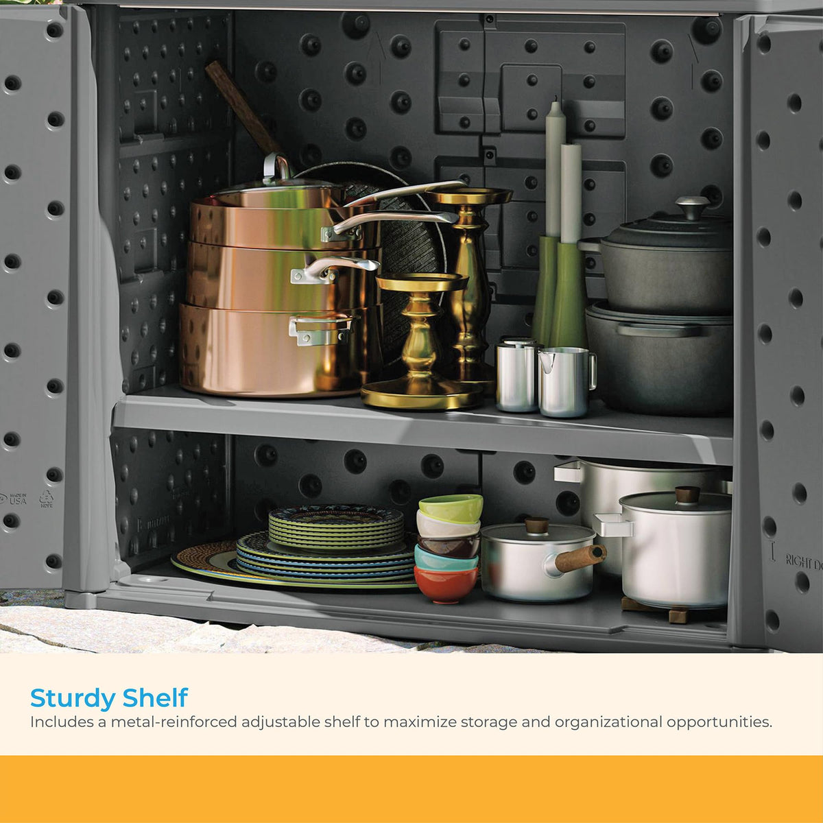 Suncast lockable outdoor cabinet opened to reveal pad-lock-ready doors.