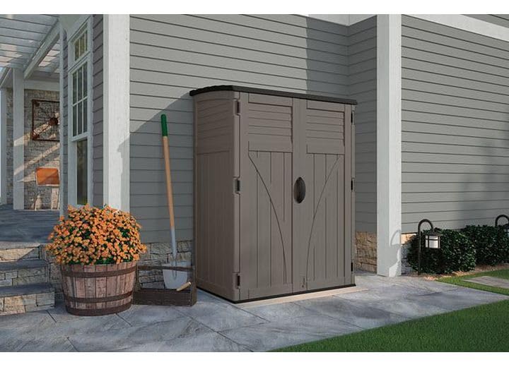 Lockable handles on a Suncast shed for secure tool storage.