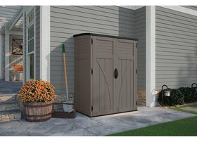 Lockable handles on a Suncast shed for secure tool storage.