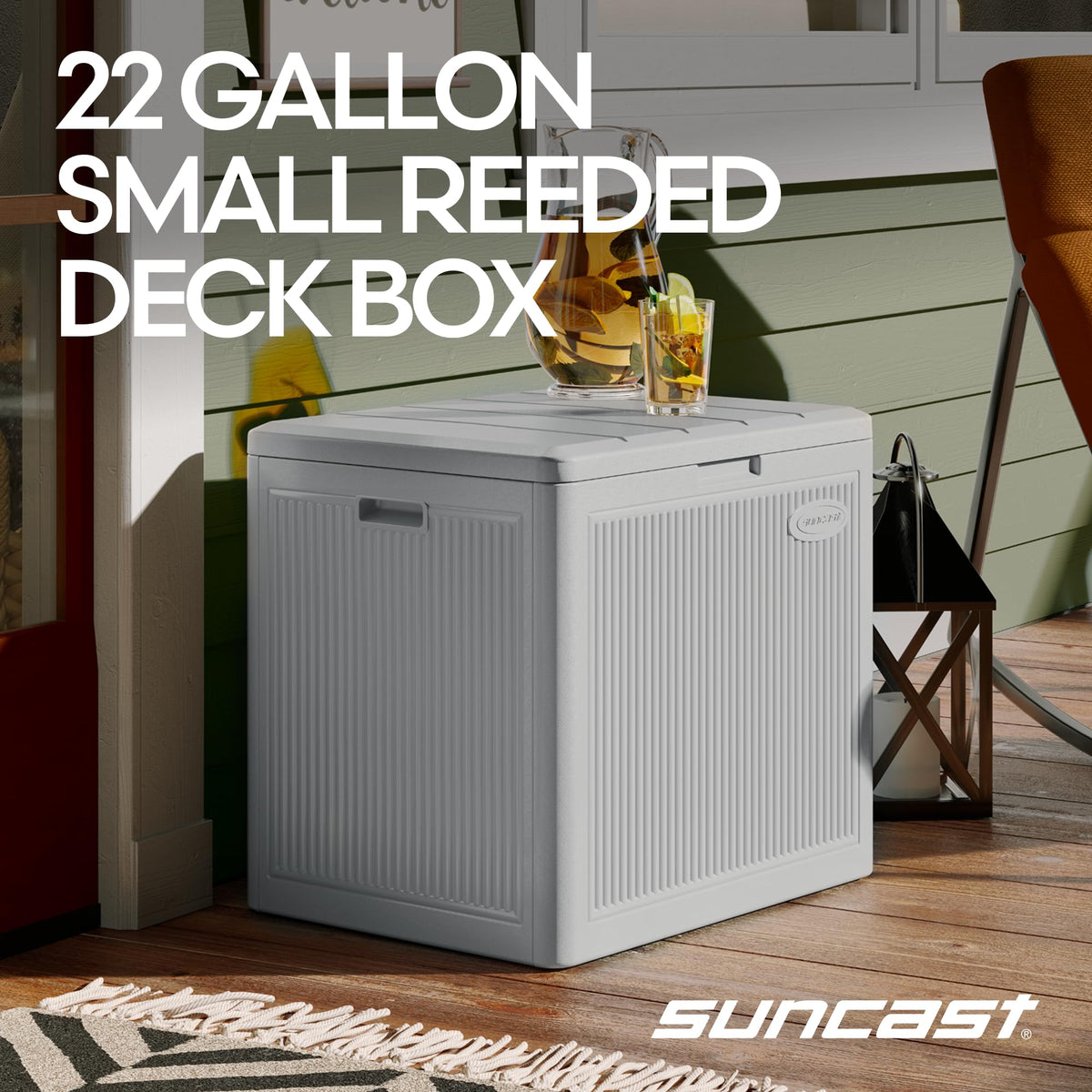 Suncast outdoor bench lid providing convenient seating and access.