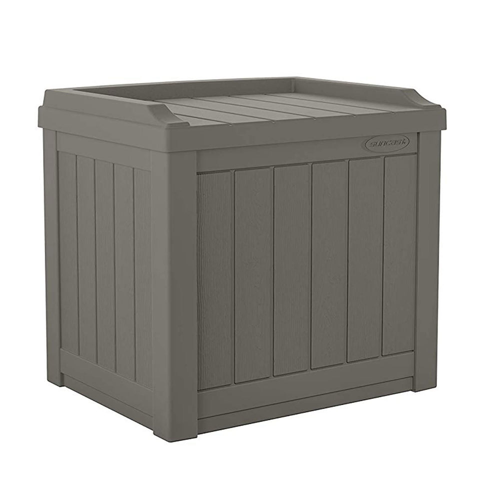Suncast 22-gallon outdoor storage box in stone-gray with lid for cushions and pool gear.