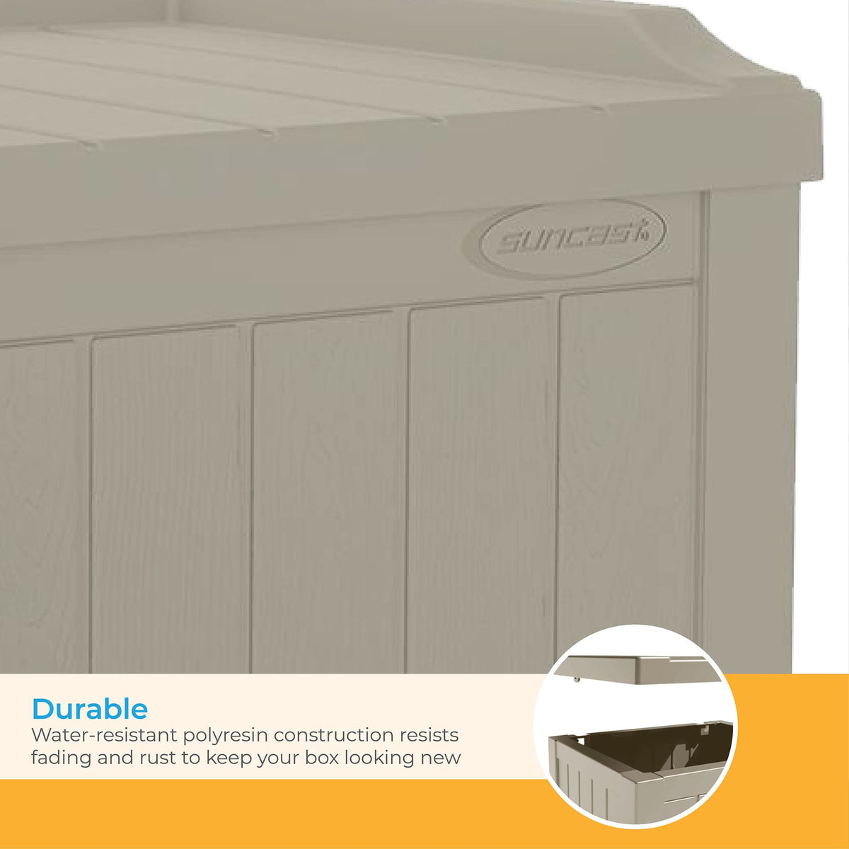 Suncast 22-gallon box storing cushions, towels, and pool gear.