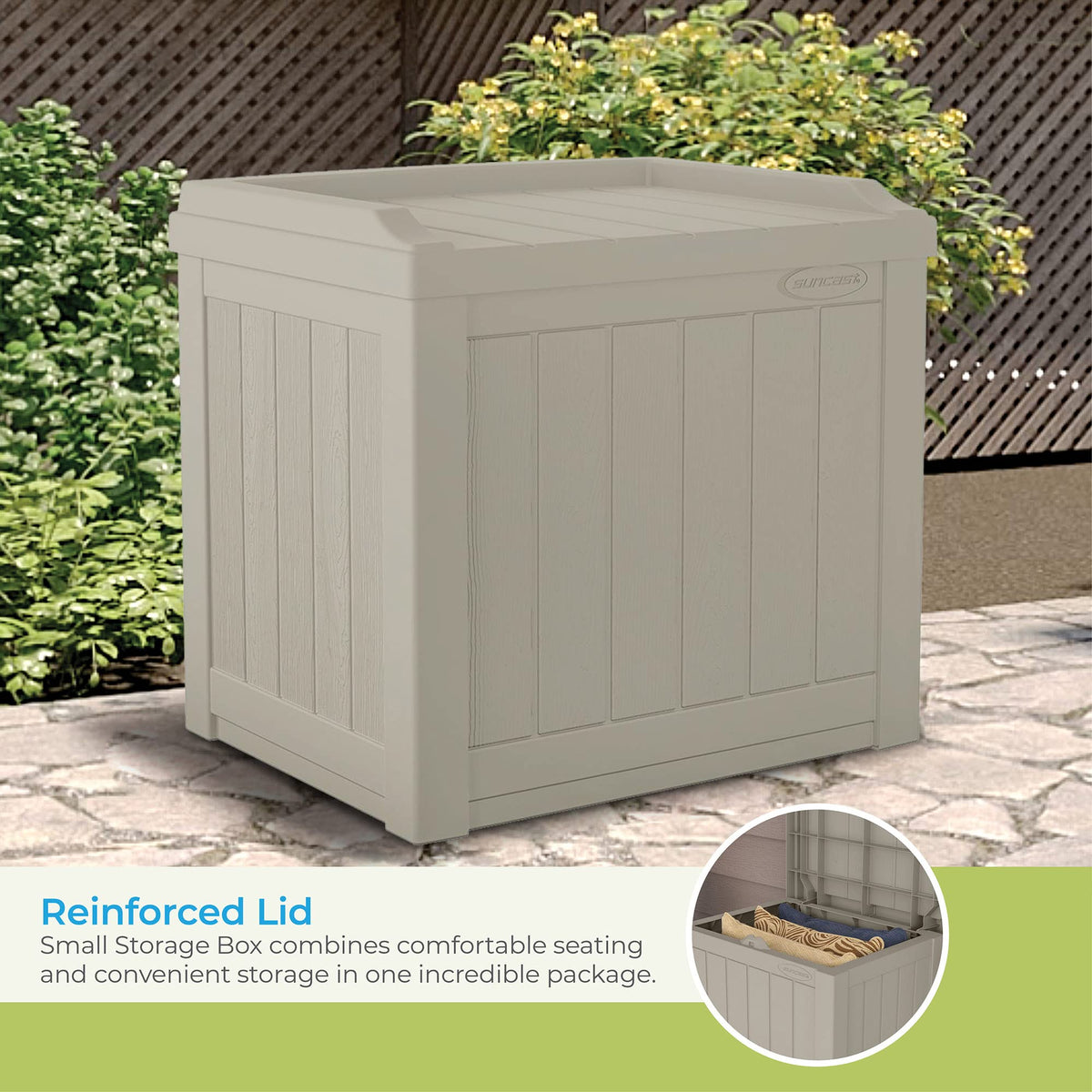 Suncast 22-gallon storage box beside patio furniture for organized spaces.