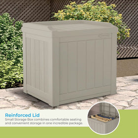 Suncast 22-gallon storage box beside patio furniture for organized spaces.