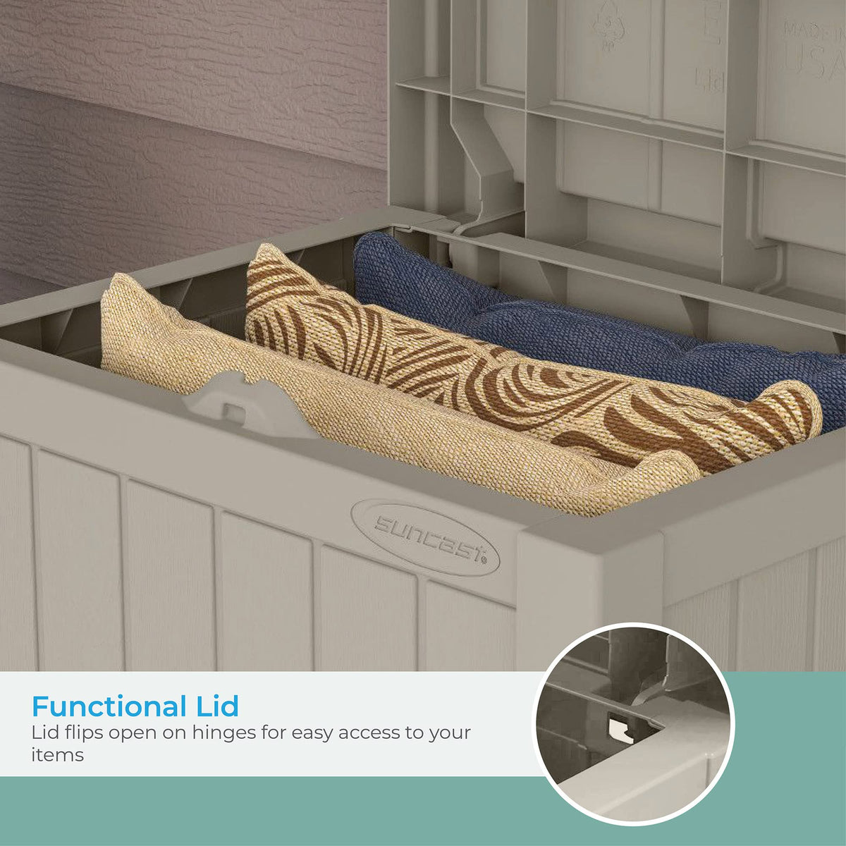 Suncast outdoor storage box used as extra seating on balcony.
