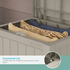 Suncast outdoor storage box used as extra seating on balcony.
