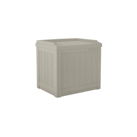 Suncast 22-gallon outdoor storage box front view, weatherproof and spacious.