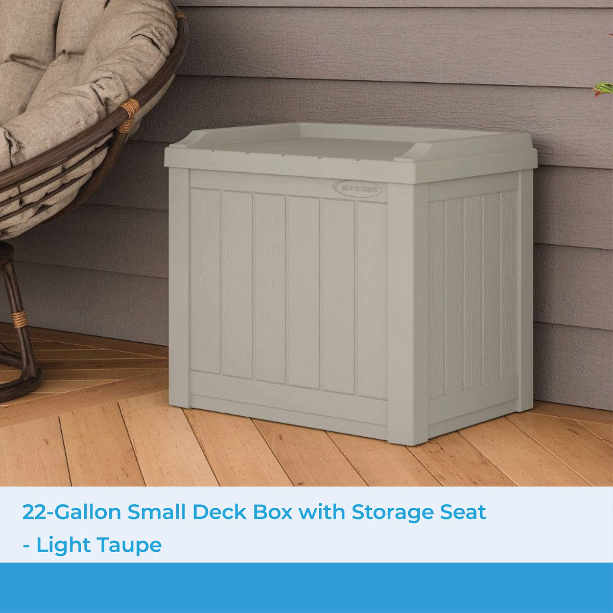 Suncast 22-gallon deck box lid open, built-in bench seating.