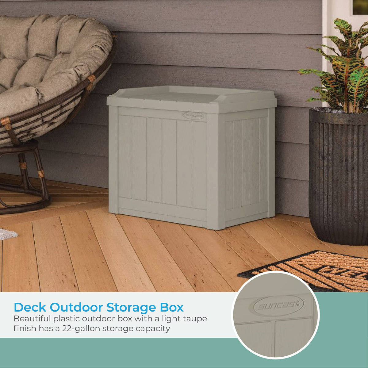 Suncast 22-gallon storage box wood-panel texture complements outdoor decor.