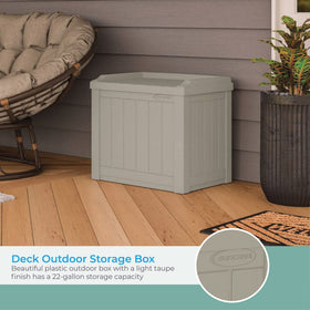 Suncast 22-gallon storage box wood-panel texture complements outdoor decor.