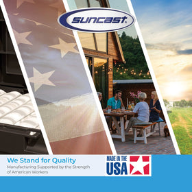 Suncast deck box provides year-round storage with UV protection.
