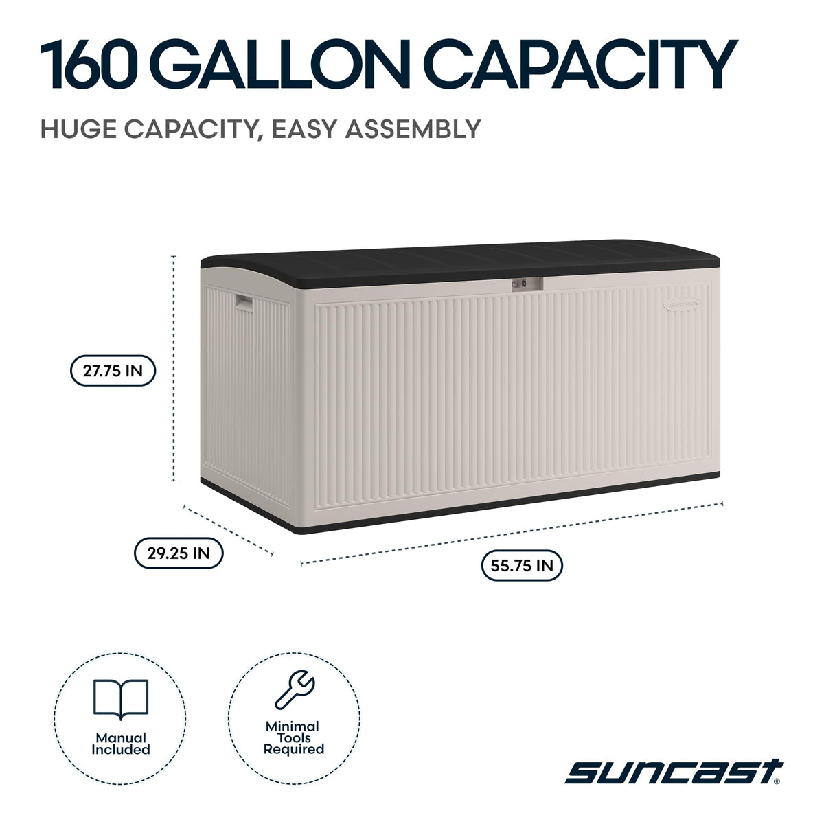 Suncast outdoor storage box storing cushions and pool gear neatly.