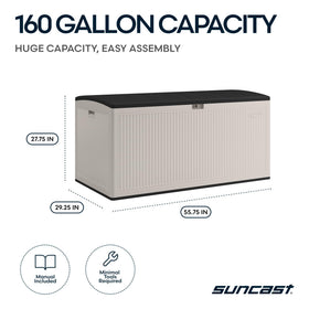 Suncast outdoor storage box storing cushions and pool gear neatly.