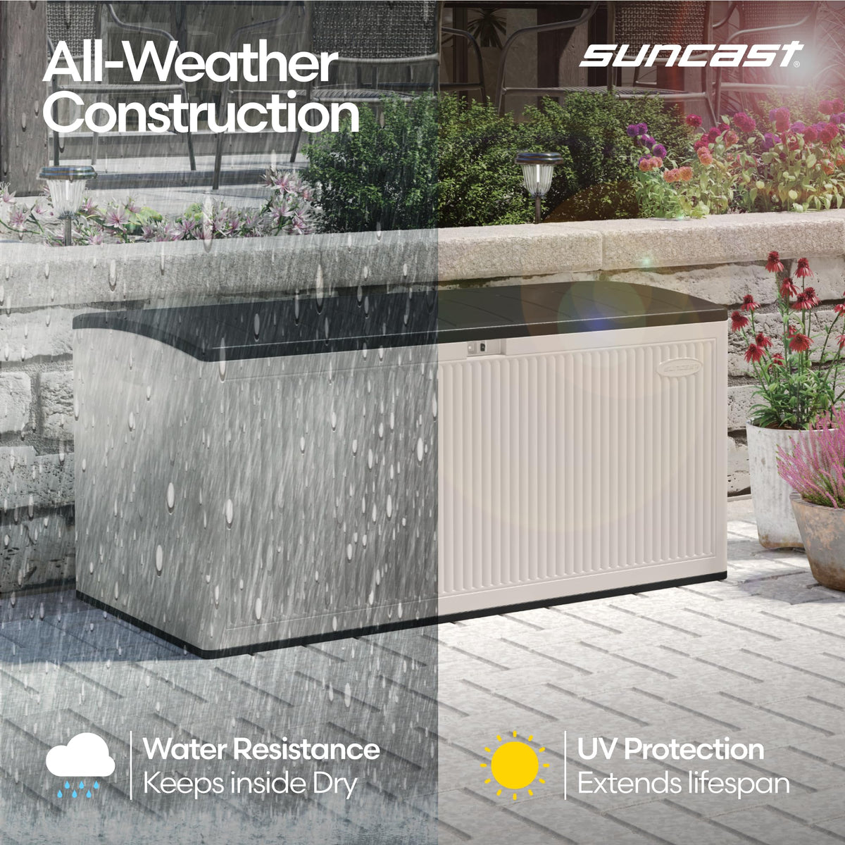 Suncast storage box ideal for garden tools and equipment.