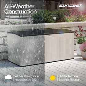 Suncast storage box ideal for garden tools and equipment.