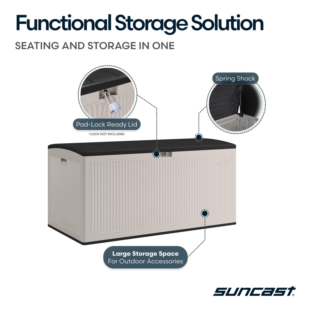 Suncast deck box guarding winter accessories against moisture.